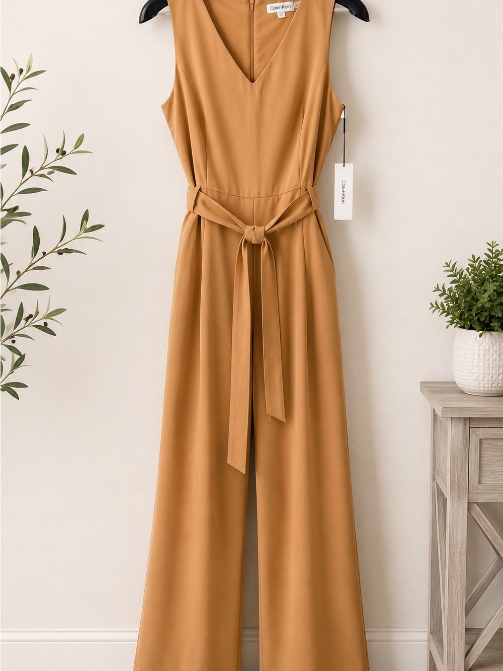 Calvin Klein Sleeveless V-Neck Wide-Leg Jumpsuit in Camel Brown